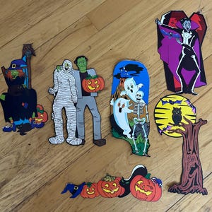 Vintage set of six carboard classroom Halloween die cuts. Halloween die cuts. Witch, Frankenstein, vampire, mummy, spooky tree and ghosts.