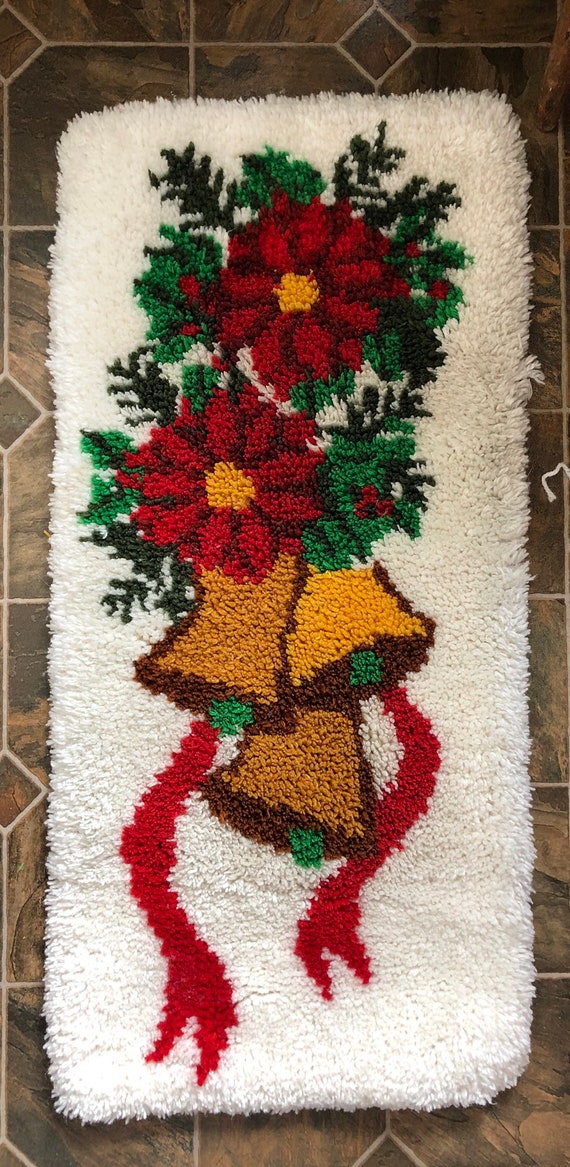 Vintage Handmade Hooked Rug With Christmas Bells and Christmas
