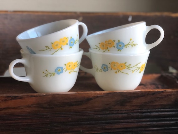 Pyrex Milkglass Coffee Cups With Yellow and Blue Flowers