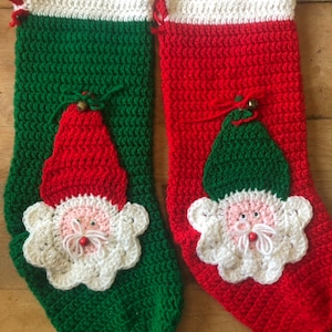 Pair of Vintage handmade christmas stockings. Red green and white Mr. and Mrs. Claus.