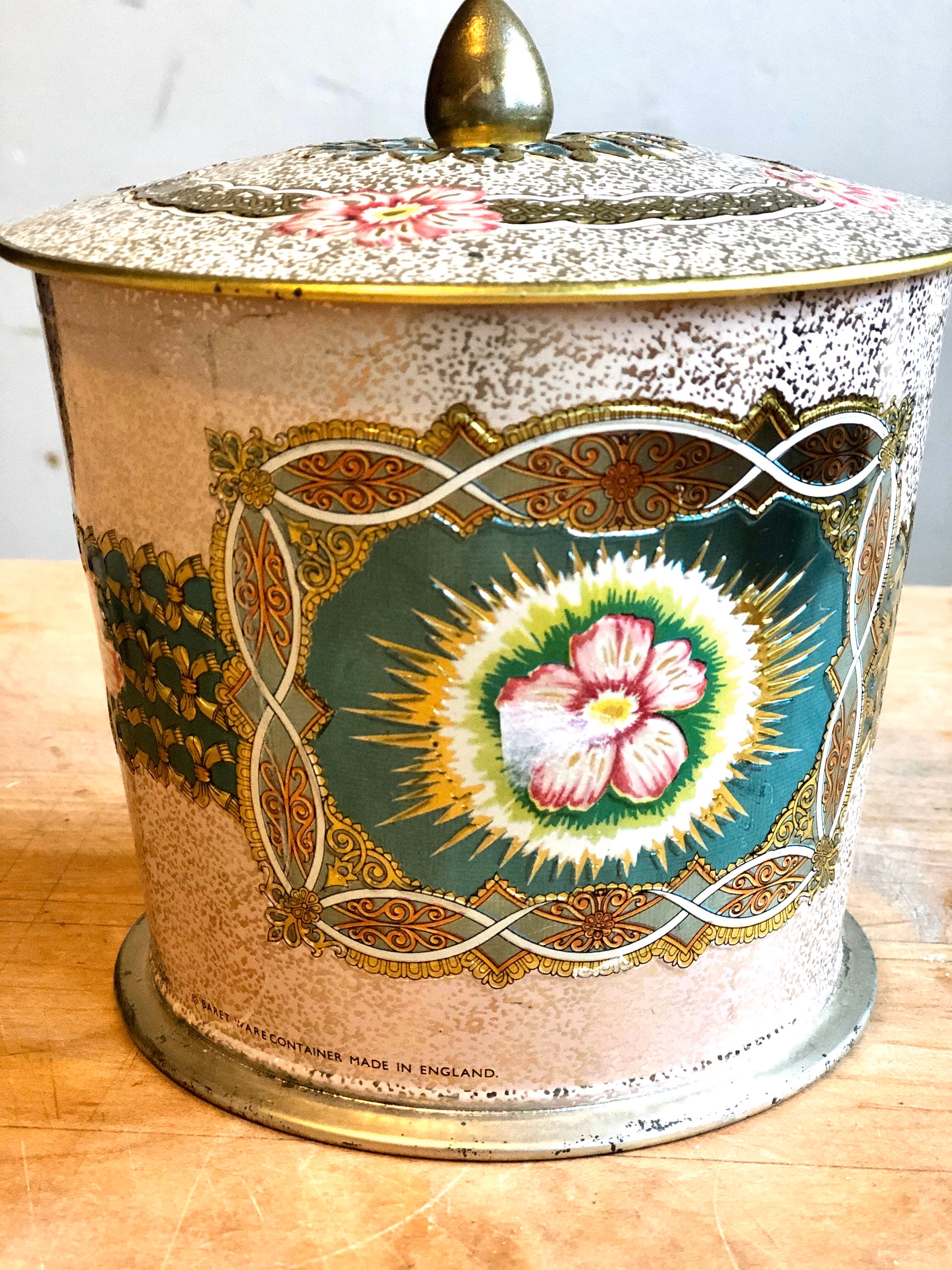 Vintage Baret Ware Metal Round Tin With Flowers and Pink turquoise Pattern Etsy
