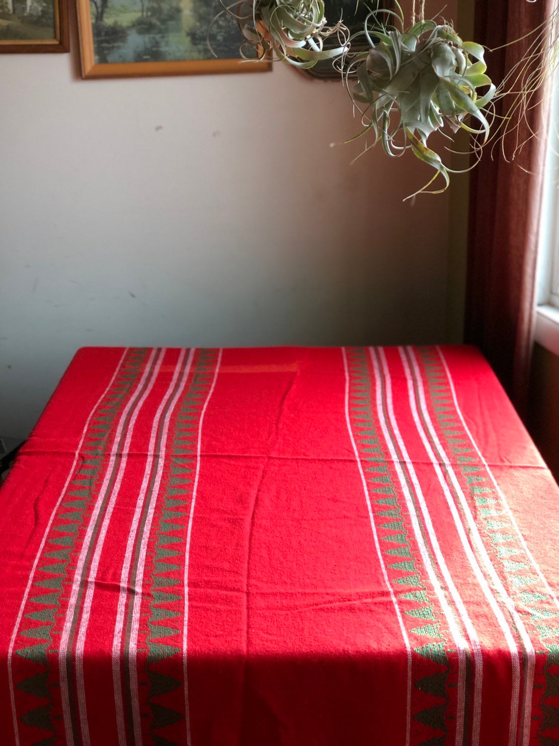 Vintage Red Oval Tablecloth With Christmas Trees Etsy