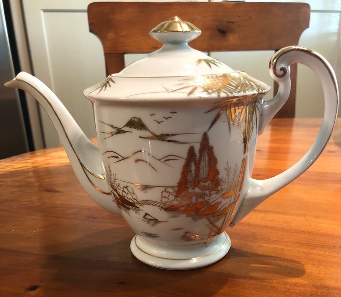 Vintage Kutani teapot white porcelain with gold gilding Etsy