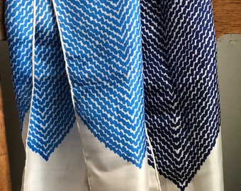 Vintage glentex 100 percent silk hand rolled blue and white scarf