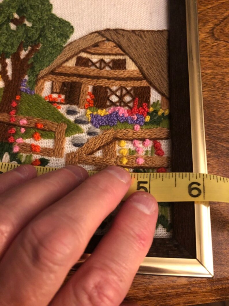 1979 Sunset Designs crewel work of English Cottage wallhanging
