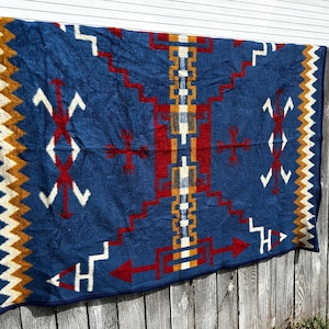 Vintage Biederlack Of America Southwestern Aztec Blanket 53x70” Reversible Cozy!! Blue, red,cream