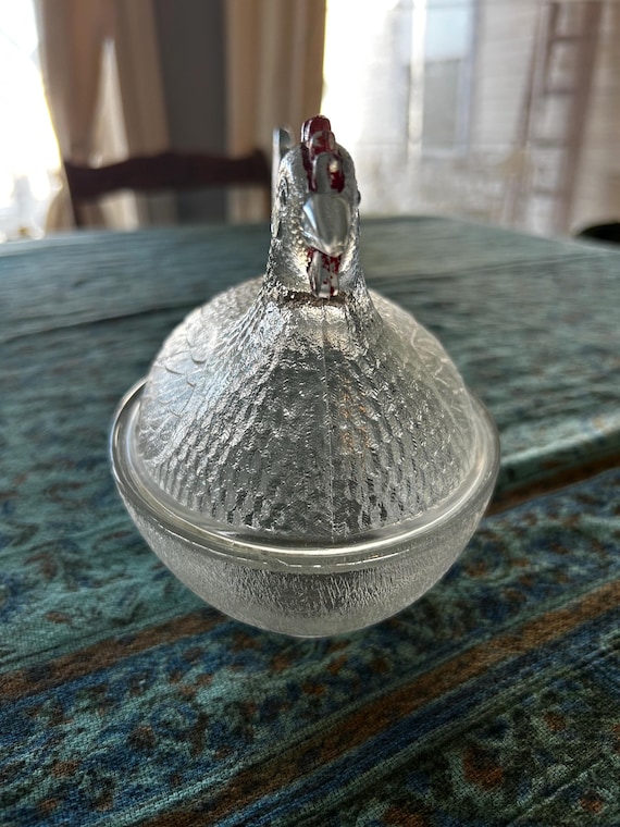 Vtg Clear Indiana Glass Hen on Nest With Red Comb. Chicken