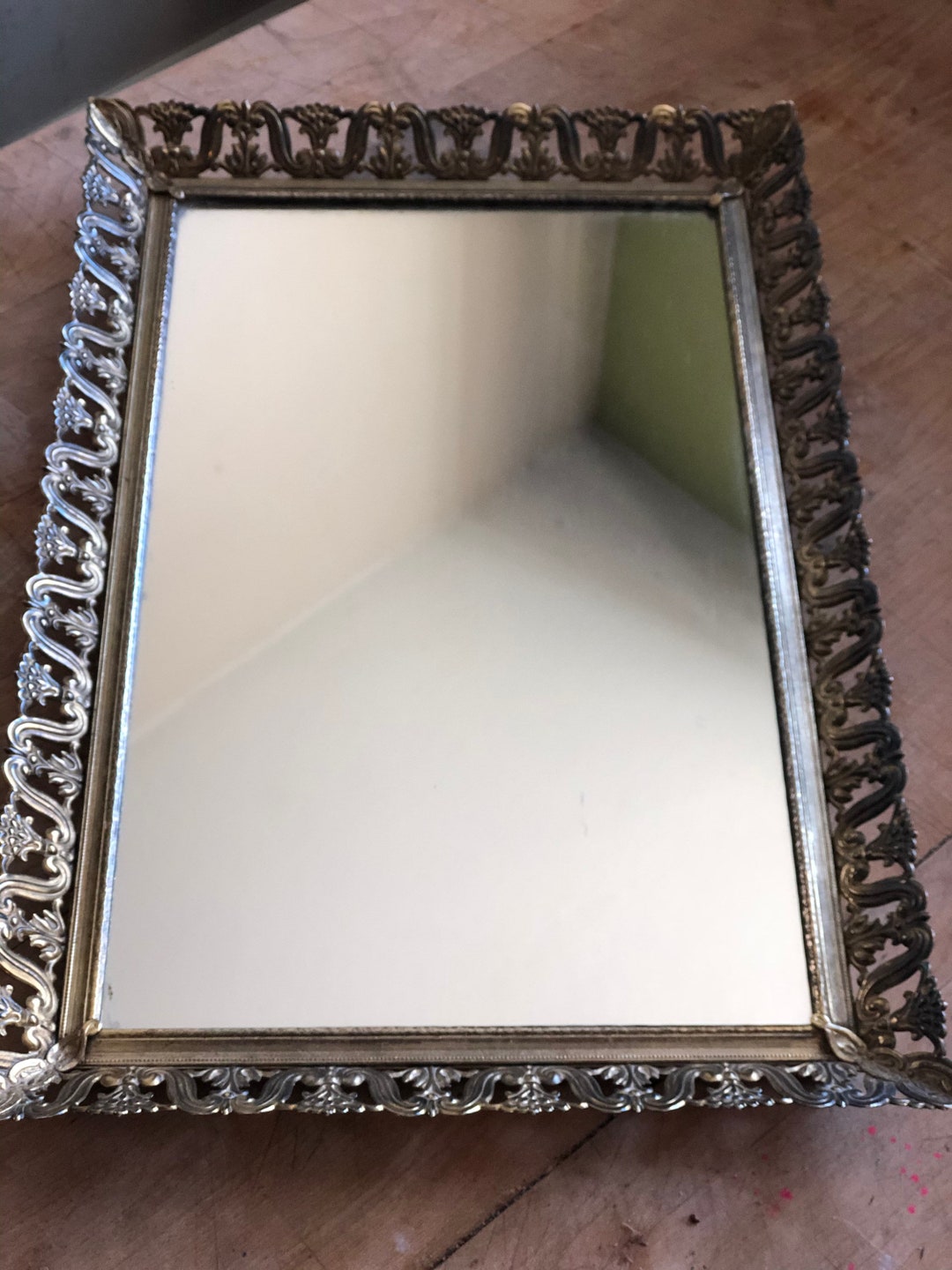 Vintage Mirrored Vanity Tray Mirror Perfume Tray Metal Filigree Frame