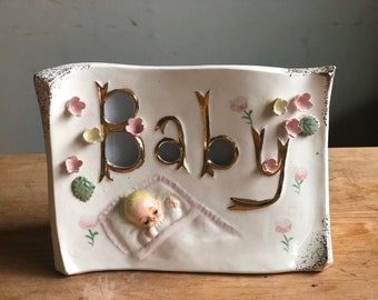 Vintage square planter that says baby. Baby shower gift. Airplant holder, succulent holder. Boy or girl.