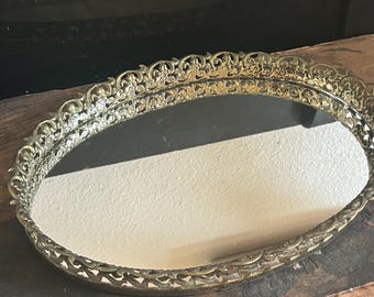 Vintage Mirrored Vanity Tray Mirror Perfume Tray Metal Filigree Frame Long Rectangular Gold MidCentury Hollywood Regency. Ornate gold tone.