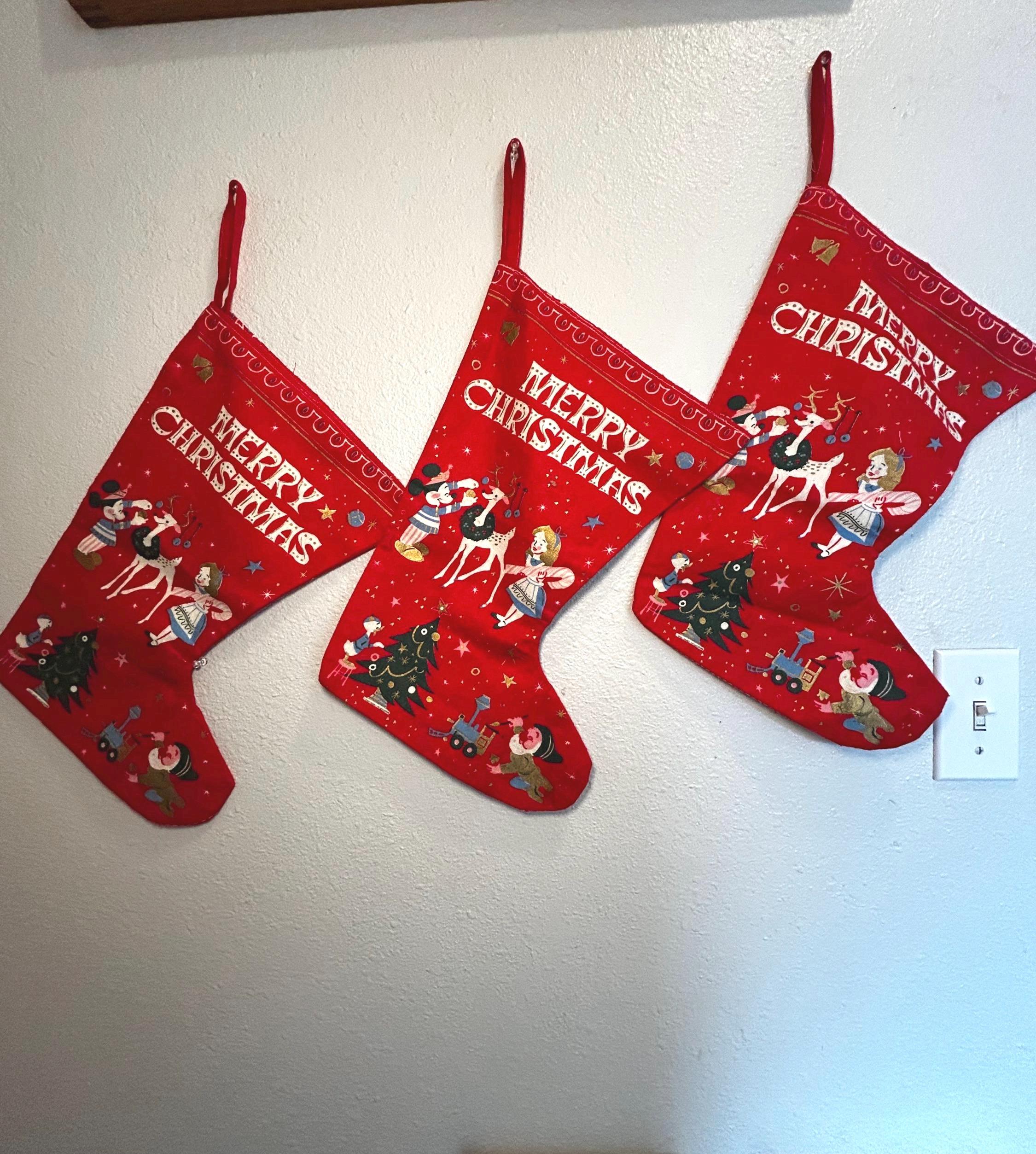 Vintage Set of 3 1960s Red Felt Walt Disney Christmas Stockings