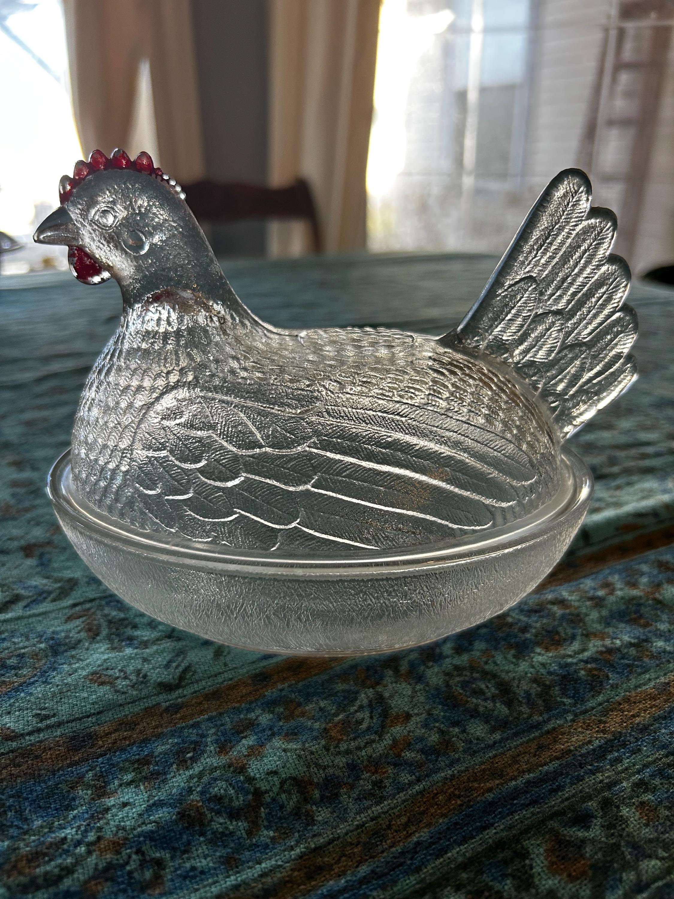 Vtg Clear Indiana Glass Hen on Nest With Red Comb. Chicken