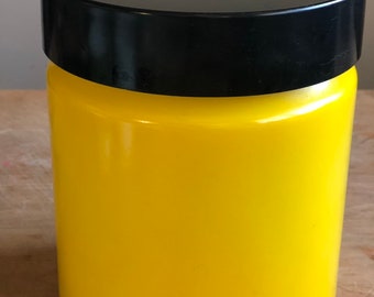 Vintage yellow milk glass with black lid storage container-vintage kitchen storage