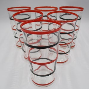 Set of Six Ribbed Optic Lemonade Tumblers with Black and Red Stripes