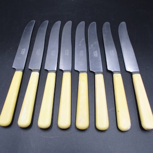 May include: Set of ten stainless steel butter knives with yellow plastic handles.
