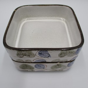 May include: Two square ceramic dishes with a brown rim and a white background. The dishes are decorated with a pattern of green leaves and blue berries.