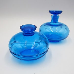 Vintage Dressing Table Powder Jar and Perfume Bottle, Peacock Blue Glass with Starbursts