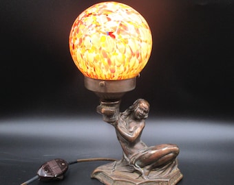 Lampe de commode Art Déco avec globe en verre multicolore tchèque