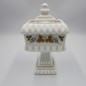 Westmoreland Milk Glass Covered Candy Dish, Hand Painted Grapes and Leaves