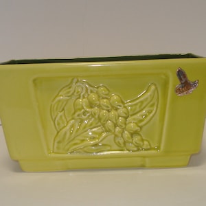 May include: A yellow ceramic planter with a raised design of leaves and berries. The planter has a green rim and a small sticker on the side.