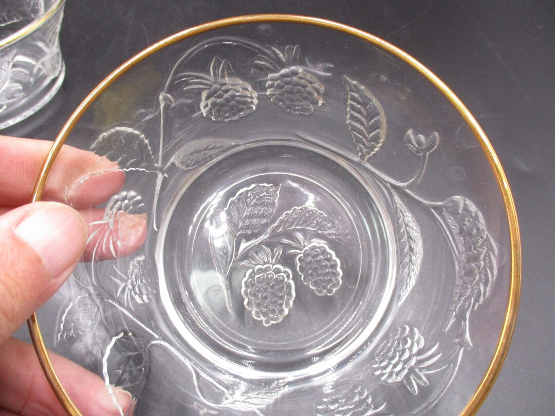 Vintage clear glass bowls with gold trim embossed berries and vines