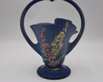 Made in USA. Vintage Dusty Rose Foxglove Patterned Roseville Vase with Two Side Handles