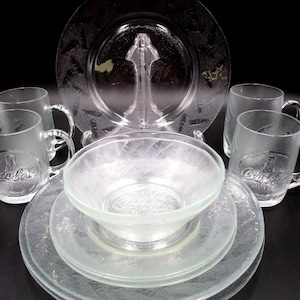 Frosted, Embossed Coca-Cola Luncheon Set.  Plates, Mugs, Bowls