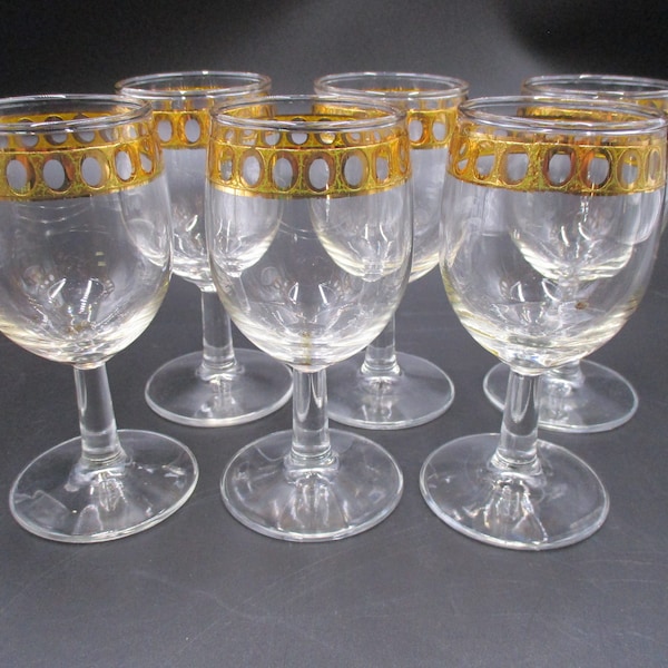 Set of Six Culver Antigua Dessert Wine Glasses, 22K Gold Trim
