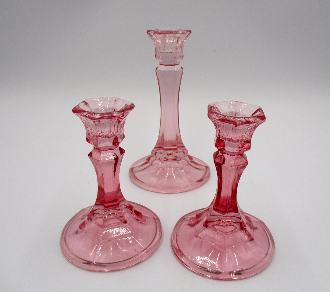 Vintage Trio of Pink Candlestick Holders Etsy