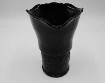 L.E. Smith  Black Amethyst Glass: Triangular Vase Art Deco Nymphs