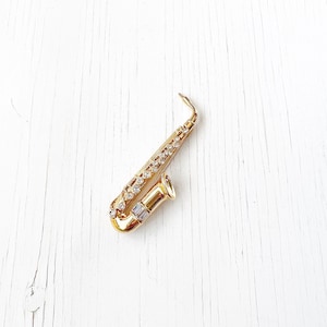 Saxophone Brooch | Crystal Stones | Gold Tone | Musical Instrument Brooch | Vintage