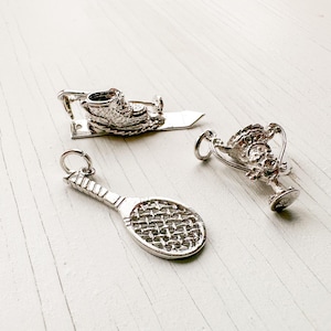 Vintage Sterling Silver Sports Charms: Ski, Tennis, Trophy Pendants