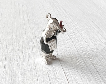 Nuvo Sterling Silver Penguin Waiter Charm | Crystal Body Enamel Bow Tie | Rare 1960s Collectable