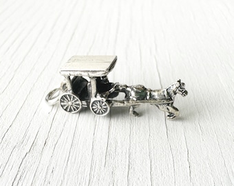 Sterling Silver 3D Horse and Carriage Charm | Victorian Vintage Pendant | Charm Bracelet