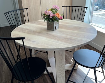 Round Dining Table with Matching, Geometric Base || Circular Hardwood Pedestal Table || Breakfast Nook Table || Ash or Hickory