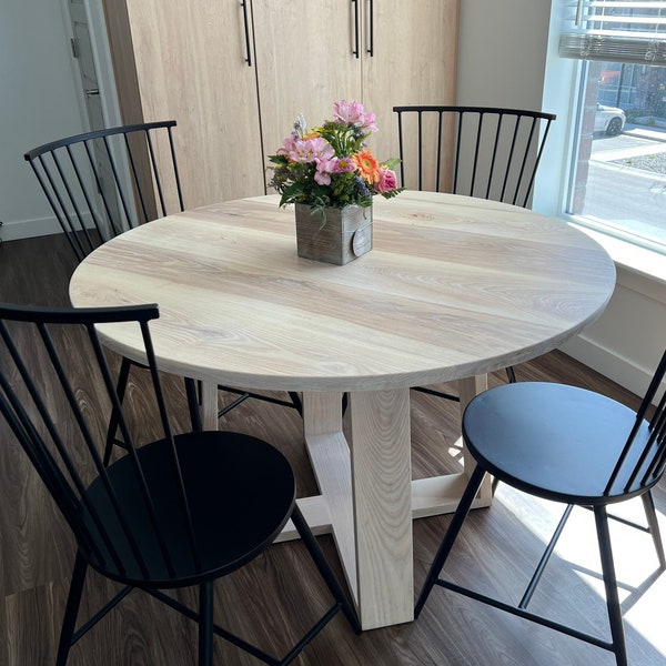 Round Dining Table with Matching, Geometric Base || Circular Hardwood Pedestal Table || Breakfast Nook Table || Ash or Hickory