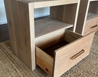 Modern White Oak Nightstand || Soft Close Drawer Bedside Table with Shelf || Set of 2 || Hardwood White Oak