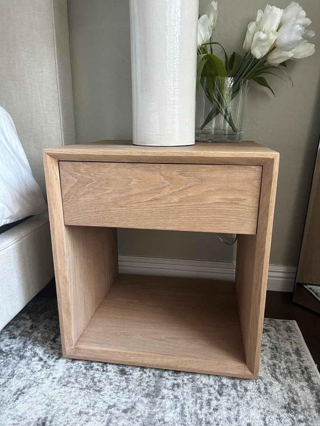Modern White Oak Nightstand Push to Open Drawer Bedside Table With