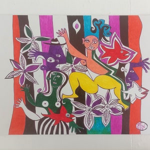 Arte moderno, arte cubista contemporáneo, estilo Picasso, inspiración Picasso, arte marginal, arte brut, cubismo, pintura grande y brillante, dibujo tribal a tinta.