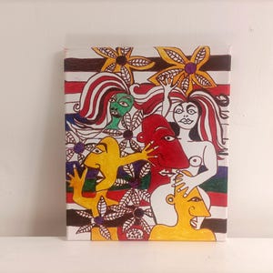 Original modern ink art outsider art brut picasso inspired picasso style colourful cubist painting unique home decor quirky trippy picture