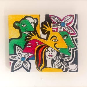 Pintura cubista de arte moderno original estilo Picasso inspirada en Picasso, decoración única para el hogar, arte marginal, art brut, imagen pequeña original y colorida