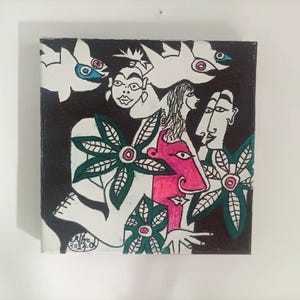 Original modern art outsider picasso style picture art brut small cubist painting picasso inspired trippy flower power unique home decor