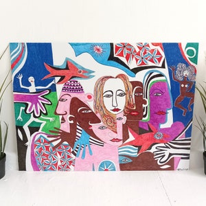 Original modern art Cubist art Picasso inspired Abstract Expressionism Large wall art large bright painting unique art home decor art brut