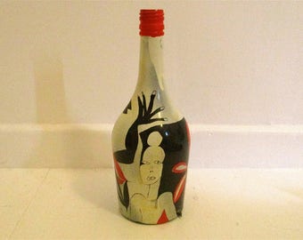 Hand painted wine bottle modern original art,cubism,outsider art,glass art,up-cycled bottle,decorated bottle,painted bottle,home decor,gift