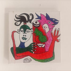 Outsider art art brut picasso inspired small cubist painting unique home decor picasso style gift for art lover tribal primitive painting