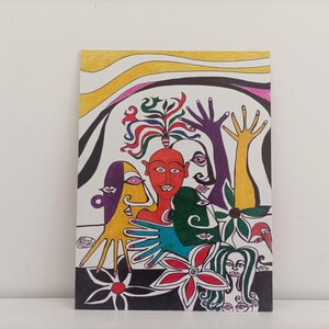 Pintura de arte moderno brillante, arte marginal, imagen figurativa cubista, imagen primitiva tribal tropical, decoración única para el hogar, festival colorido