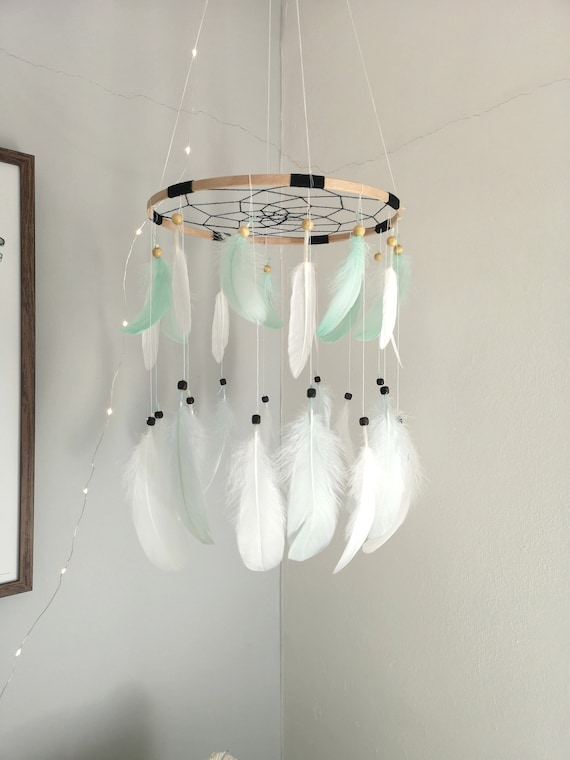 Scandinavian Feather Dreamcatcher Tribal Nursery Decor Baby Mobile Boho Bohemian Dream Catcher Feather Wall Hanging Baby Boy Nursery