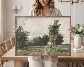 Rustic Country Landscape Wall Art Framed | Farmhouse Decor Painting | Vintage Style Nature Artwork | Neutral Living Room | L389