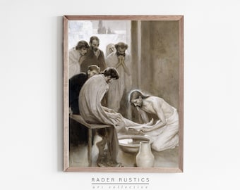 Framed Jesus Canvas | Vintage Christian Wall Art Print | Washing Feet Depiction | R005