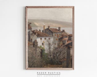 Framed European Village Wall Art | Vintage Architecture Painting | AR045